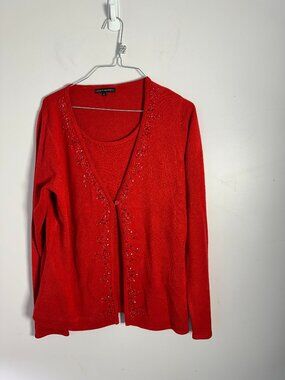 EUC Private Property Medium Red Sweater with Mock Shirt Beaded M